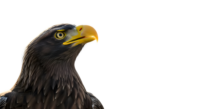 A close up of a stellers sea eagle with a yellow beak against a black background looking to the right