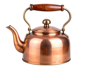  Antique Copper Tea Kettle with Polished Wooden Handle, Sie View.