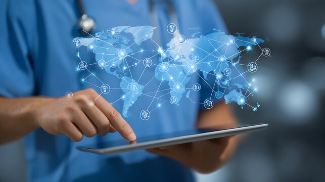 Global Healthcare Network: Doctor Using Tablet with World Map and Medical Icons for Telemedicine and Digital Health