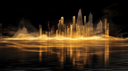 Golden city skyline reflected on water, abstract style