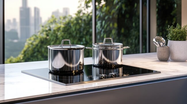 Modern kitchen with stainless steel pots on induction cooktop