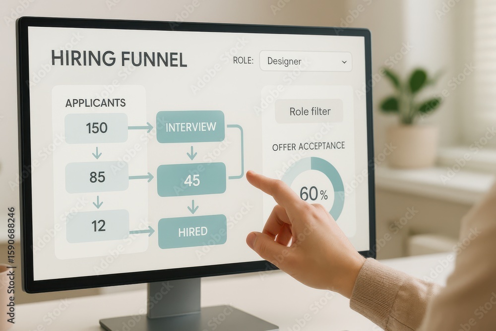 Aufkleber person interacting with hiring funnel dashboard showing applicant flow, interview stages and offer a