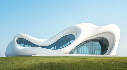Modern white building curves on grassy hill