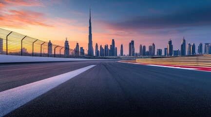 Empty race track at sunrise, city skyline