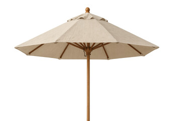 Open patio umbrella with wooden pole and beige canopy offering shade, isolated on transparent background
