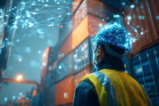 Warehouse worker wearing hard hat and safety vest, looking at digital network overlay, showcasing innovation and technology in logistics and supply chain