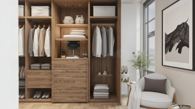 Wooden wardrobe with tiered design, compact home interior storage. Wardrobe with clothes, drawers, shoes, shelves. 4k video