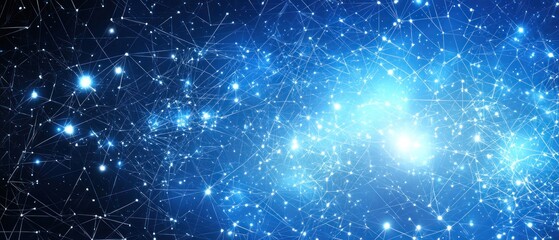 Obraz premium An abstract image depicting a cosmic network of interconnected nodes and lines, radiating light and depth, with a gradient of blues creating a sense of vastness and connectivity