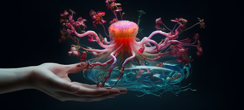 A Medusa vs kraken , a small creature made of glass that is sitting in the palm of your hand,ai generative