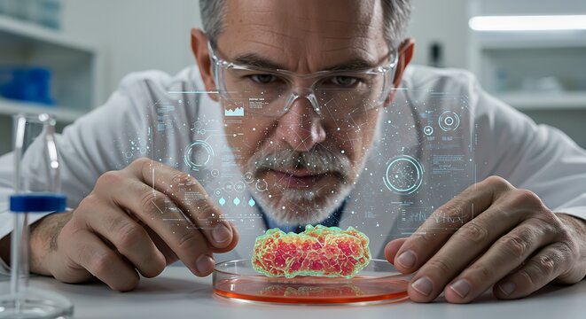 Focused Scientist with AR Glasses Examining Futuristic Biological Sample in Advanced Lab.