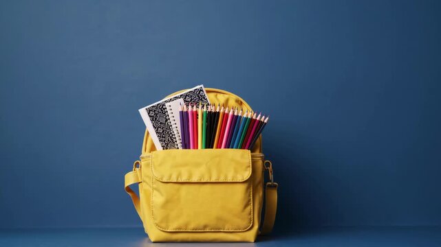 Bright yellow backpack unveiling assorted school supplies against blue backdrop