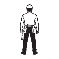 Construction Worker Vector Illustration from Back View with Tool Belt and Helmet