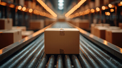 Neatly packed product boxes travel along conveyor belt in warehouse, showcasing organized fulfillment process clear branding visible