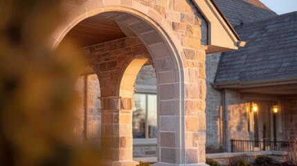 Ornate mansion entrance archway bathed in soft daylight, with a blurred garden in the foreground.
