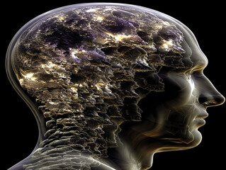 Human silhouette filled with abstract shimmering lights and textures in a dark setting illustrating the complexity of thoughts