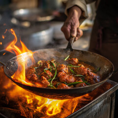 cooking meat in a pan