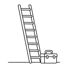Ladder and Toolbox Line Art Vector – Minimalist Black and White Construction Tools Illustration

