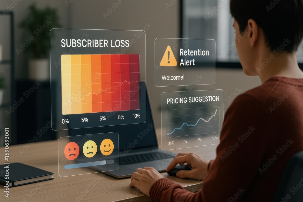 Poster business professional using dashboard with subscriber loss heatmap, retention alert and pricing sugg