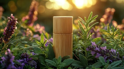 close up captures wooden nasal inhaler bottle surrounded aromatic herbs like rosemary, eucalyptus, and peppermint, creating soothing and natural ambiance