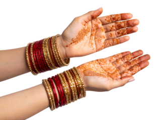 Artistic close-up photo capturing henna-decorated hands wearing a mix of delicate gol 926038