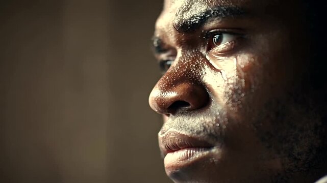Emotional Close-Up of a Young African Man Shedding Tears in Deep Sorrow and Solitude