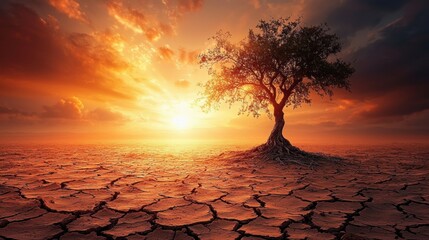 Barren and cracked earth stretches endlessly, lone dying tree standing resilient intense sun
