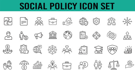 set of icons for  public policy icon, economic, legislation, schooling, reform, justice, protection, wellbeing, social, policy, service, line icon.