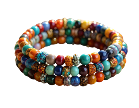 Handmade Colorful Beaded Bracelet Coiled on Neutral Fabric