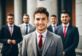 young generation business leaders starting careers outside office building early leadership peer ambition first beard confidence teamwork professional success