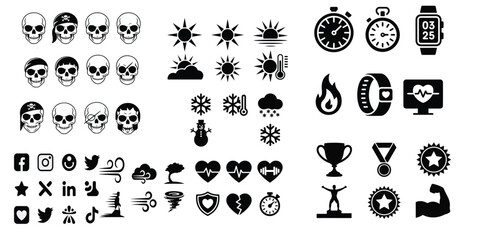 Collection of white icons on black background including skulls, calendar, and fitness symbols
