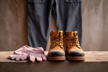 A pair of yellow boots and a pair of pink gloves are on a table