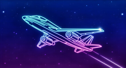 Neon Light Illustration of Airplane in Starry Night Sky – Futuristic Travel Concept