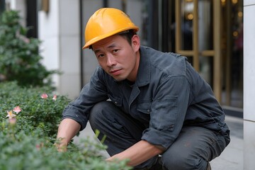 A man in a yellow hard hat is kneeling down in front of a bush