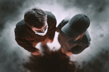 Two people wearing masks and hats are standing close to each other
