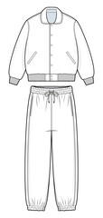 Naklejka na ściany i meble Bomber Jacket and Joggers Technical Fashion flat. Unisex Athleisure Set Vector Template. Front design. Relaxed Fit. Ribbed Collar, Hem and Cuffs. Drawstring Waistband. White Color. Unisex. CAD Mockup.