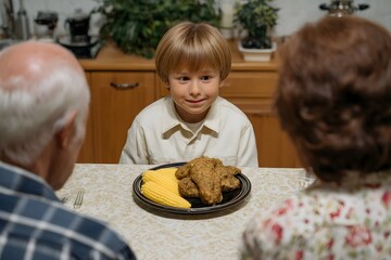 A boy is sitting at a table with his grandparents