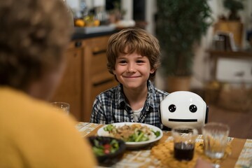 A boy is sitting at a table with a robot next to him