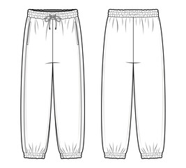 Drawstring Jogger Pants Technical Fashion Illustration. Unisex Sweatpants Vector Template. Front and Back design. Relaxed Fit. Elastic Waistband and Cuffed Ankles. Unisex. White. CAD Mockup set.