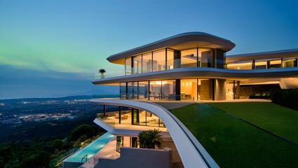 Fototapeta premium Modern luxury villa with infinity pool and panoramic city view at twilight