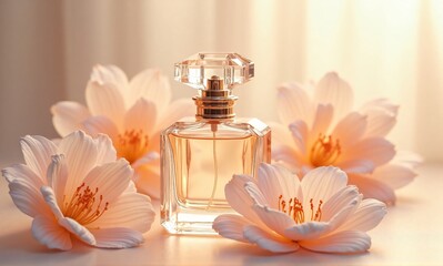 A delicate perfume bottle sits amidst soft, pale blossoms, bathed in warm, golden light.  The scene evokes feelings of serenity and luxury.