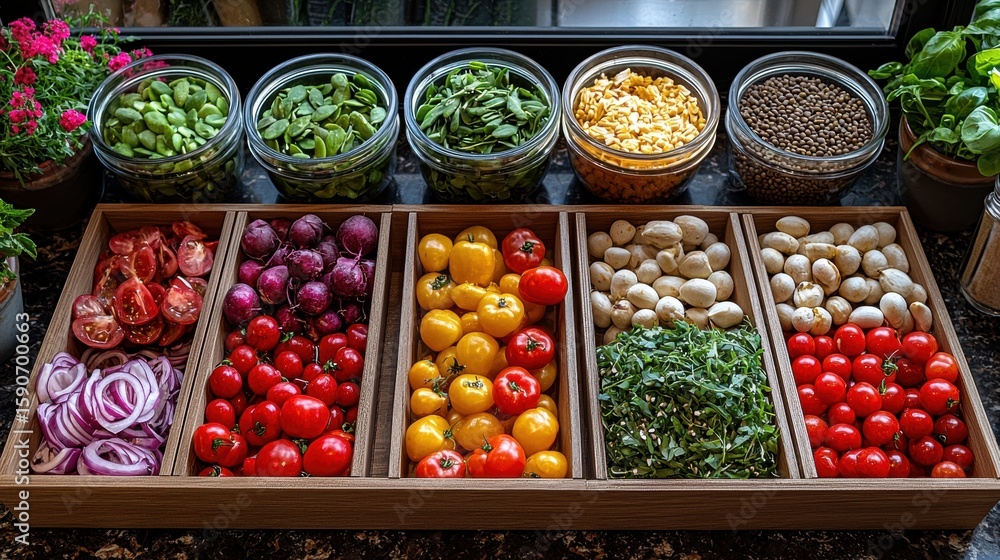 Aufkleber bright and colorful vegan meal prep box features array of fresh ingredients arranged neatly focus is