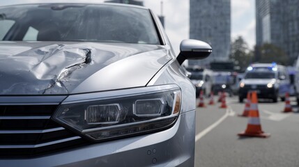 Close-up of silver car with hood and headlights damaged after accident, parked on urban street near traffic cones and emergency vehicles, highlighting wreckage under natural daylight conditions