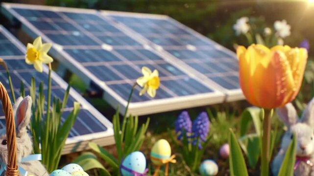 Solar Panels Powering Spring Garden with Flowers and Easter Decor