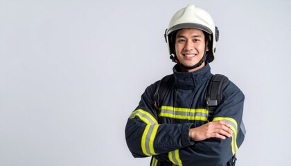 Smiling Asian firefighter in uniform