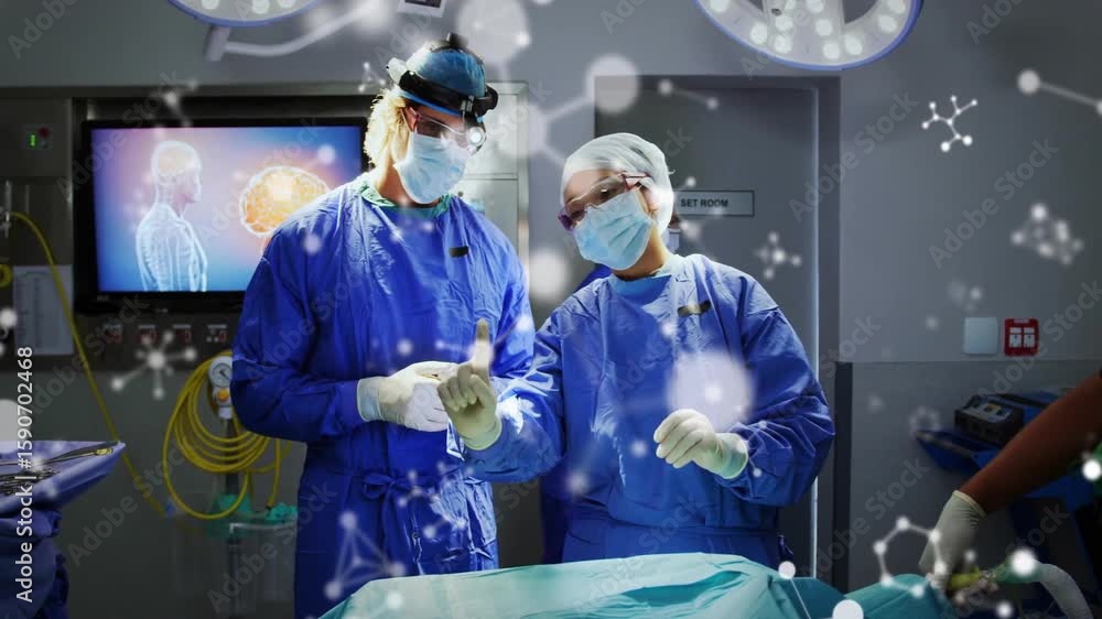 Poster two surgeons raising and navigating ar holograms while assistant preparing instruments for surgery