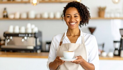 Smiling barista offers coffee cup view