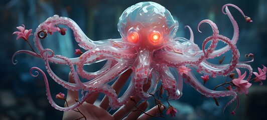 A Medusa vs kraken , a small creature made of glass that is sitting in the palm of your hand,ai generative