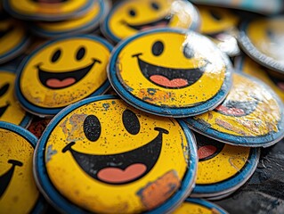 Fototapeta premium Close up view of hand peeling bright yellow smiley face sticker from colorful sheet place it on greeting card setting emphasizes creativity and fun in crafting