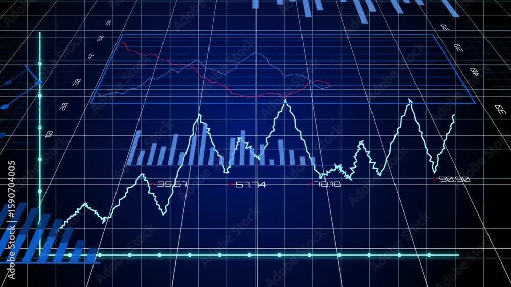 Aufkleber opening on blue grid pie charts appearing updating line graph rising bars adjusting showing trends