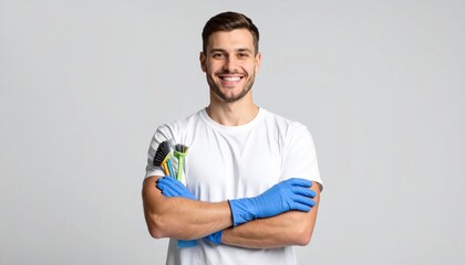 Smiling janitor holds cleaning supplies
